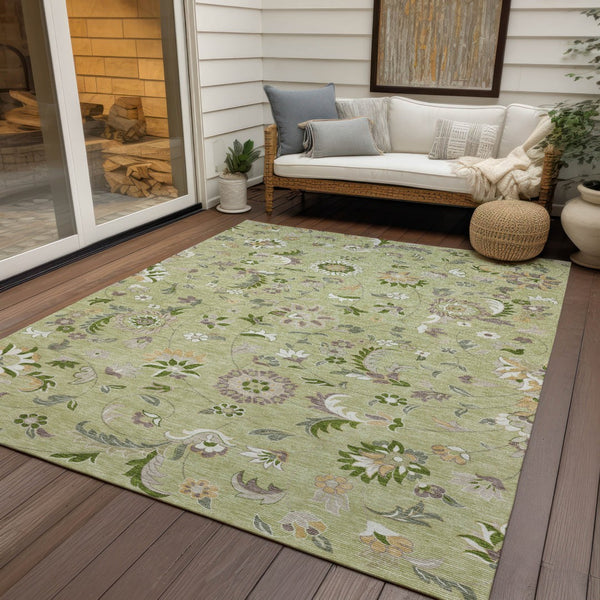 Homeroots 3' Floral Artichoke Green And Gray Area Rug For Indoor Outdoor Spaces - Washable & Stain Resistant 10' X 14' Polyester 597793