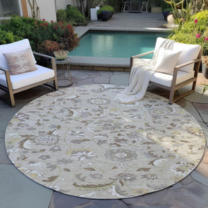 Homeroots 3' Floral Artichoke Green And Gray Area Rug For Indoor Outdoor Spaces - Washable & Stain Resistant 8' Round Polyester 597796