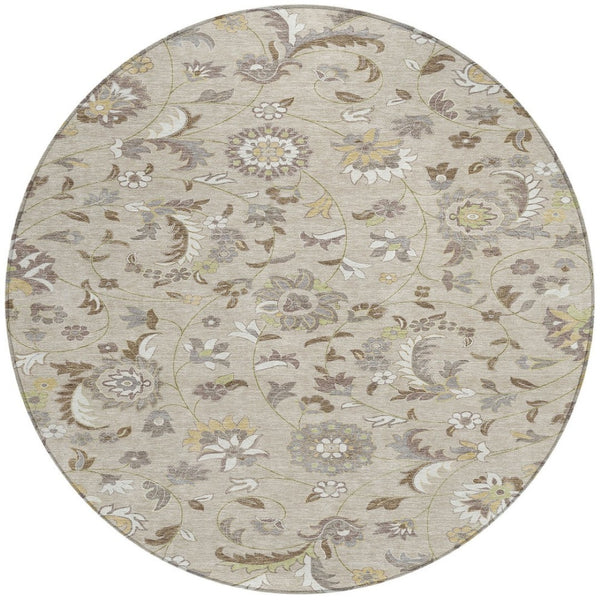 Homeroots 3' Floral Artichoke Green And Gray Area Rug For Indoor Outdoor Spaces - Washable & Stain Resistant 8' Round Polyester 597796