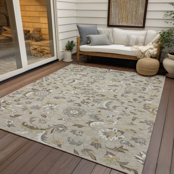 Homeroots 3' Floral Artichoke Green And Gray Area Rug For Indoor Outdoor Spaces - Washable & Stain Resistant 9' X 12' Polyester 597798