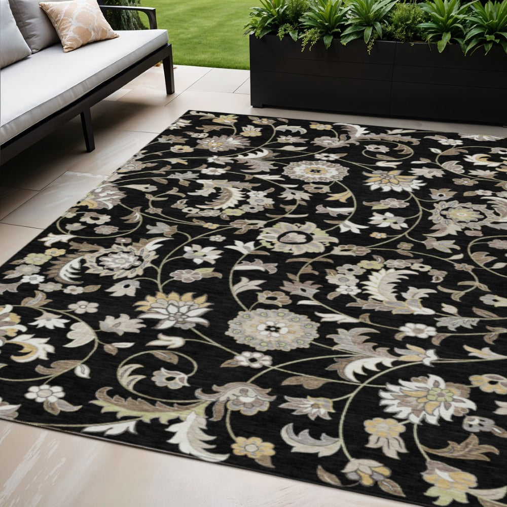 HomeRoots 5' Timeless Floral Area Rug in Black Beige Ivory – Durable, Washable Design for Indoor & Outdoor Use 5' X 8' 597801