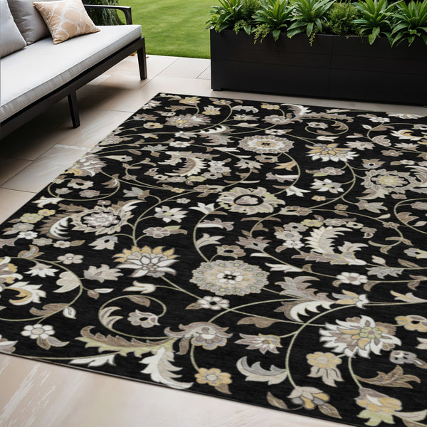 Homeroots 3' Floral Artichoke Green And Gray Area Rug For Indoor Outdoor Spaces - Washable & Stain Resistant 5' X 8' Polyester 597801