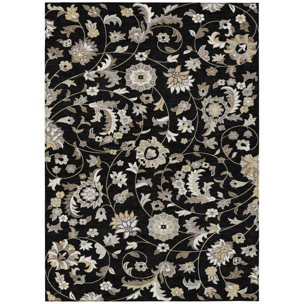 HomeRoots 5' Timeless Floral Area Rug in Black Beige Ivory – Durable, Washable Design for Indoor & Outdoor Use 5' X 8' 597801