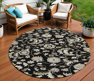 Homeroots 3' Floral Artichoke Green And Gray Area Rug For Indoor Outdoor Spaces - Washable & Stain Resistant 8' Round Polyester 597802