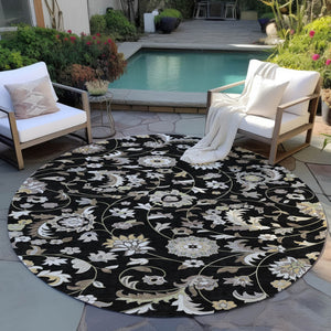 Homeroots 3' Floral Artichoke Green And Gray Area Rug For Indoor Outdoor Spaces - Washable & Stain Resistant 8' Round Polyester 597802