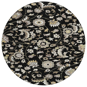 HomeRoots 5' Timeless Floral Area Rug in Black Beige Ivory – Durable, Washable Design for Indoor & Outdoor Use 8' Round 597802