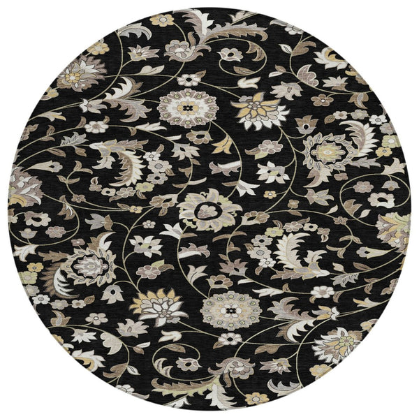 HomeRoots 5' Timeless Floral Area Rug in Black Beige Ivory – Durable, Washable Design for Indoor & Outdoor Use 8' Round 597802