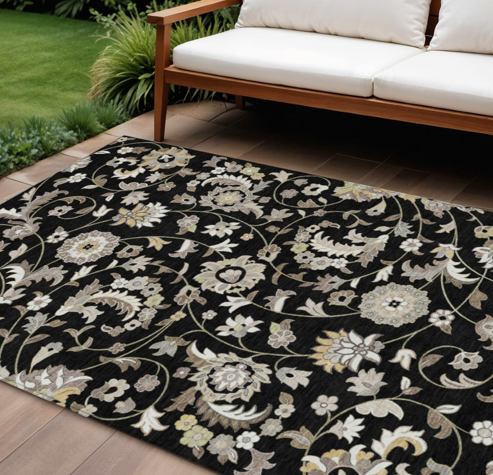 HomeRoots 9' Timeless Floral Area Rug - Black, Beige & Ivory, Washable Indoor/Outdoor, Durable for High Traffic 597804