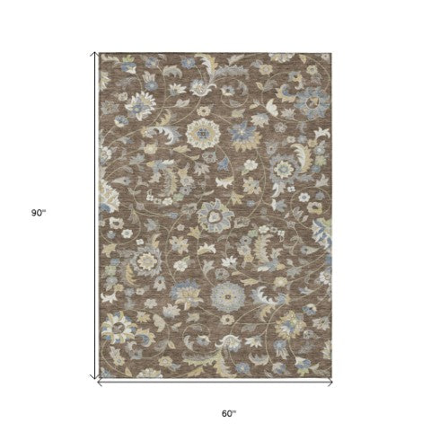 Homeroots 3' Floral Artichoke Green And Gray Area Rug For Indoor Outdoor Spaces - Washable & Stain Resistant 5' X 8' Polyester 597807