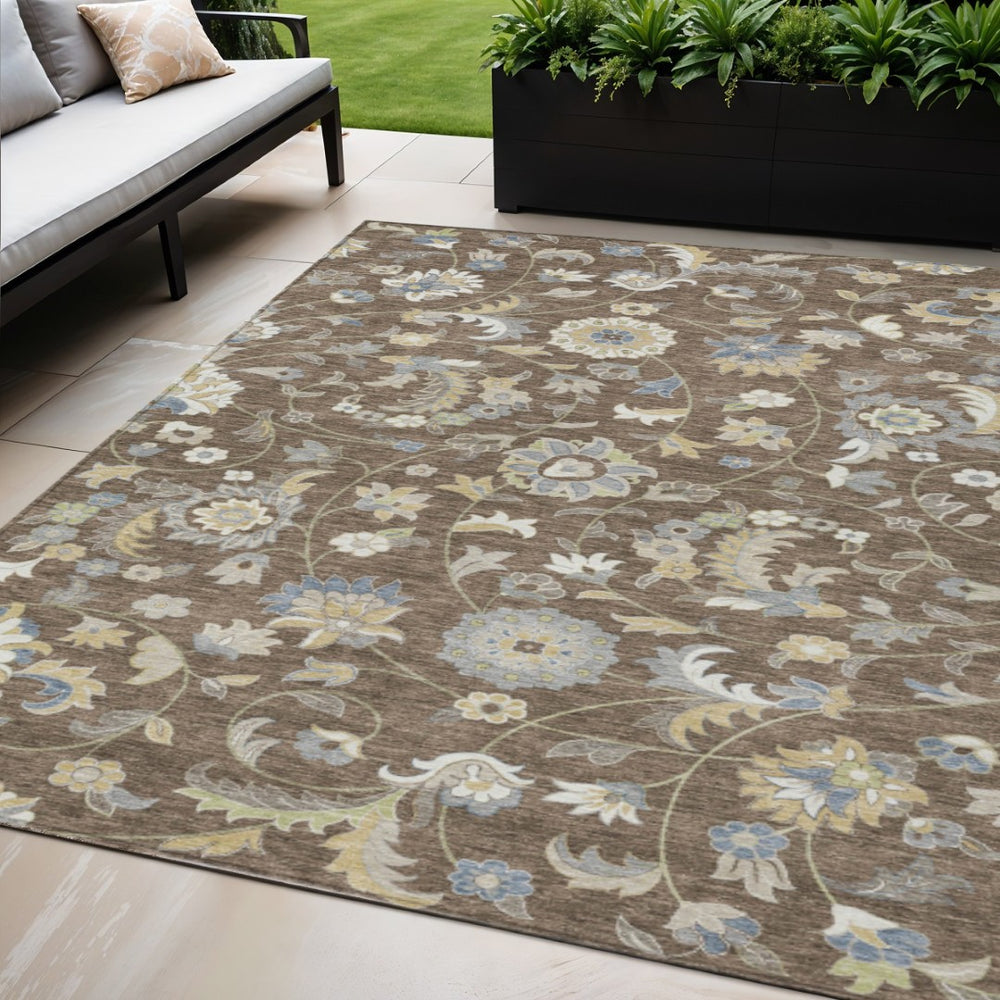 HomeRoots 5' Indoor Outdoor Washable Area Rug with Floral Design in Chocolate, Beige & Blue for Versatile Spaces 5' X 8' 597807