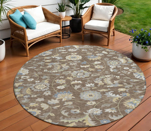 HomeRoots 5' Indoor Outdoor Washable Area Rug with Floral Design in Chocolate, Beige & Blue for Versatile Spaces 8' Round 597808