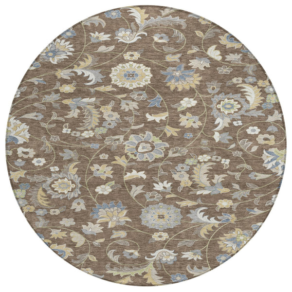 Homeroots 3' Floral Artichoke Green And Gray Area Rug For Indoor Outdoor Spaces - Washable & Stain Resistant 8' Round Polyester 597808