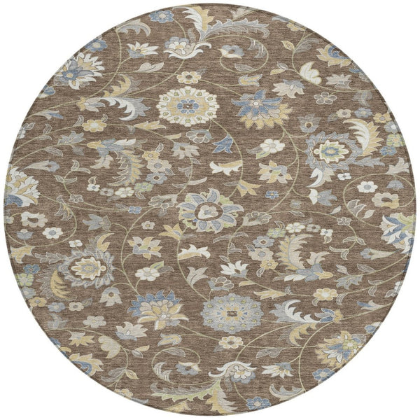 Homeroots 3' Floral Artichoke Green And Gray Area Rug For Indoor Outdoor Spaces - Washable & Stain Resistant 8' Round Polyester 597808