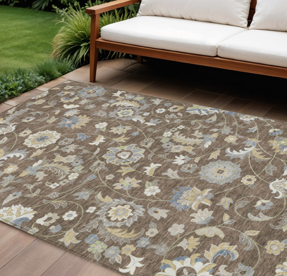 HomeRoots 9' Chocolate Beige & Blue Floral Washable Area Rug - Versatile Indoor/Outdoor Decor for Any Space 597810