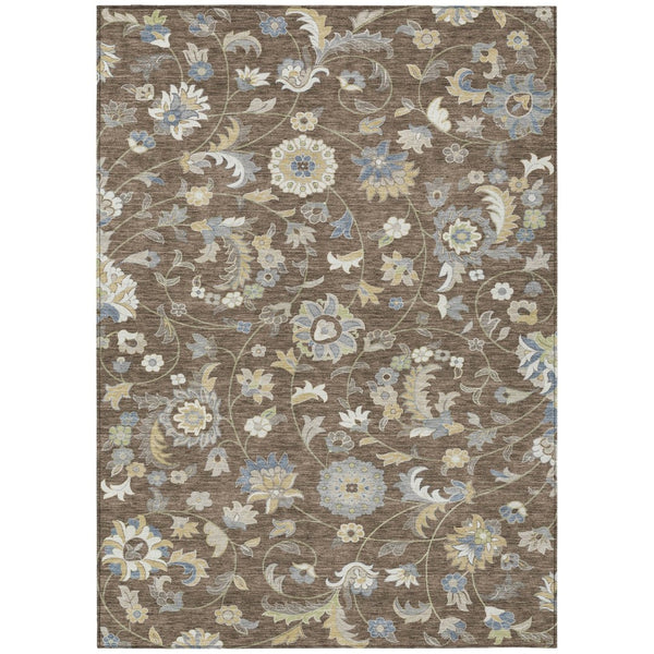 HomeRoots 5' Indoor Outdoor Washable Area Rug with Floral Design in Chocolate, Beige & Blue for Versatile Spaces 10' X 14' 597811