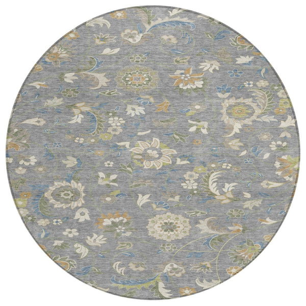 HomeRoots 5' Floral Washable Area Rug in Gray, Blue, and Green - Durable, Stylish for Indoor or Outdoor Use 8' Round 597814