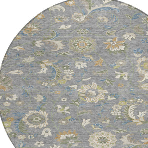 Homeroots 3' Floral Artichoke Green And Gray Area Rug For Indoor Outdoor Spaces - Washable & Stain Resistant 8' Round Polyester 597814