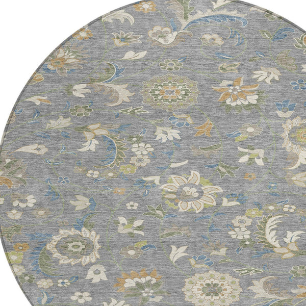 Homeroots 3' Floral Artichoke Green And Gray Area Rug For Indoor Outdoor Spaces - Washable & Stain Resistant 8' Round Polyester 597814