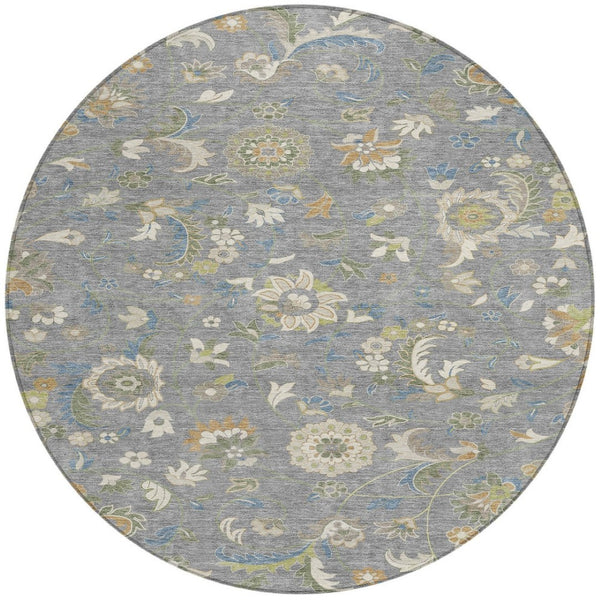 Homeroots 3' Floral Artichoke Green And Gray Area Rug For Indoor Outdoor Spaces - Washable & Stain Resistant 8' Round Polyester 597814