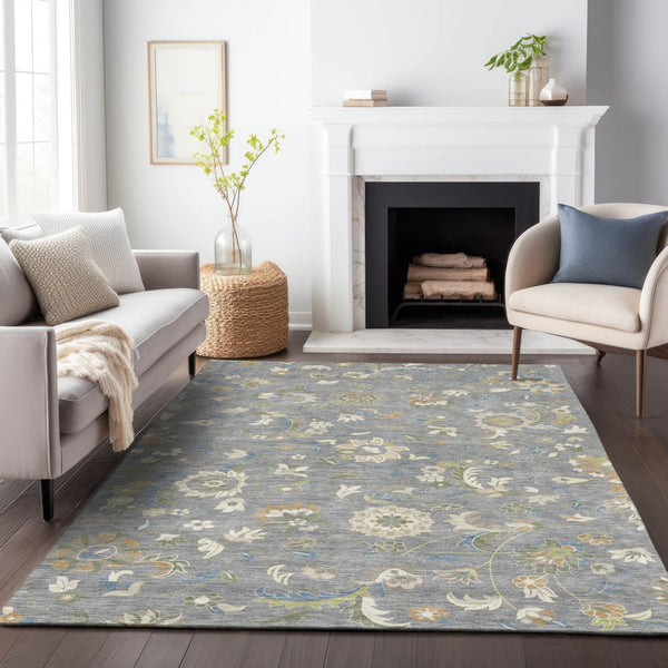 Homeroots 3' Floral Artichoke Green And Gray Area Rug For Indoor Outdoor Spaces - Washable & Stain Resistant 8' X 10' Polyester 597815