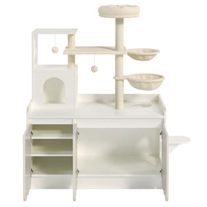English Elm 50.6" Modern White Cat Tower with Litter Enclosure Sisal Posts Hammock and Perch N704P443505K