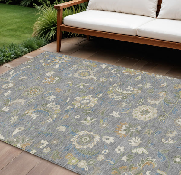 Homeroots 3' Floral Artichoke Green And Gray Area Rug For Indoor Outdoor Spaces - Washable & Stain Resistant 9' X 12' Polyester 597816