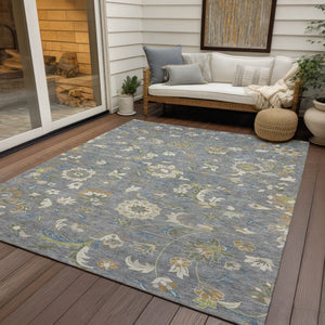 Homeroots 3' Floral Artichoke Green And Gray Area Rug For Indoor Outdoor Spaces - Washable & Stain Resistant 10' X 14' Polyester 597817