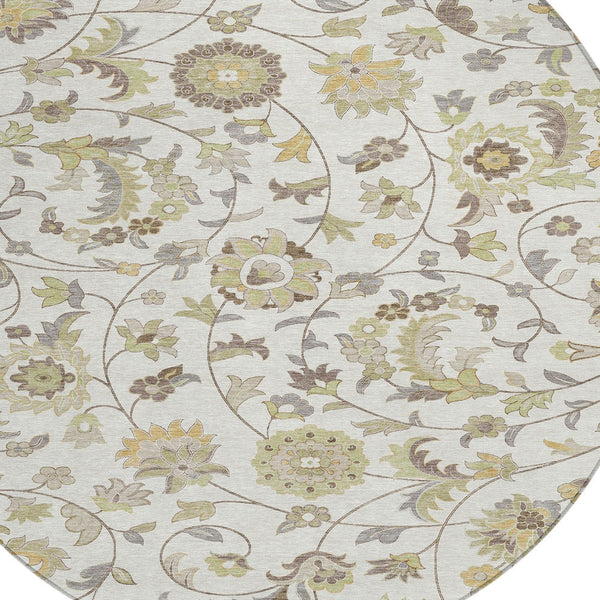 Homeroots 3' Floral Artichoke Green And Gray Area Rug For Indoor Outdoor Spaces - Washable & Stain Resistant 8' Round Polyester 597820