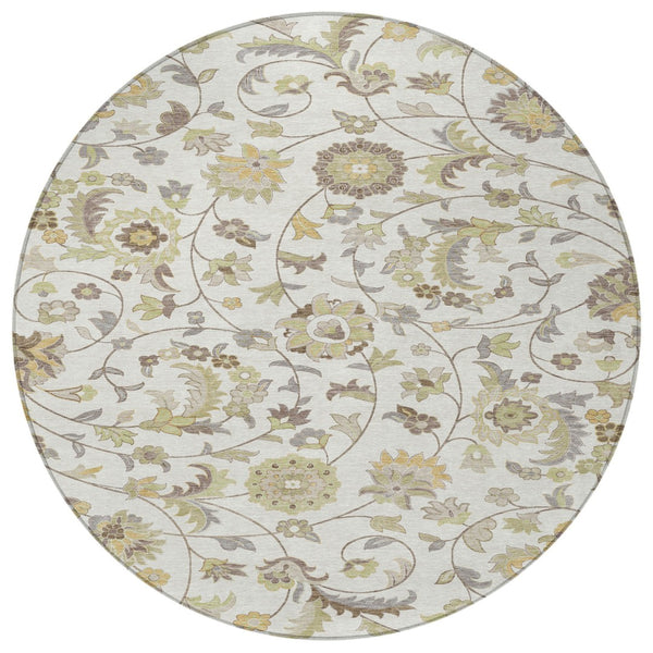 Homeroots 3' Floral Artichoke Green And Gray Area Rug For Indoor Outdoor Spaces - Washable & Stain Resistant 8' Round Polyester 597820