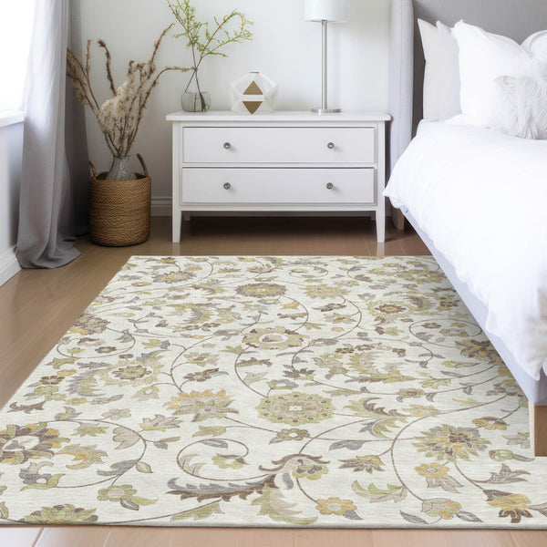 Homeroots 3' Floral Artichoke Green And Gray Area Rug For Indoor Outdoor Spaces - Washable & Stain Resistant 8' X 10' Polyester 597821