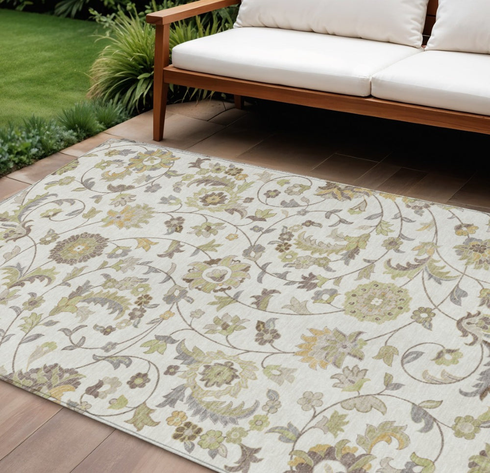 HomeRoots 9' X 12' Ivory Brown Green Floral Indoor Outdoor Washable Area Rug - Durable, Stylish & Easy Care! 597822