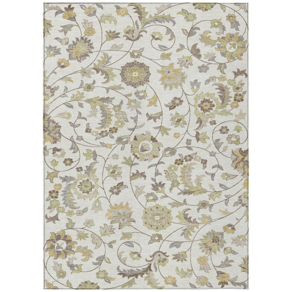 HomeRoots 9' X 12' Ivory Brown Green Floral Indoor Outdoor Washable Area Rug - Durable, Stylish & Easy Care! 597822