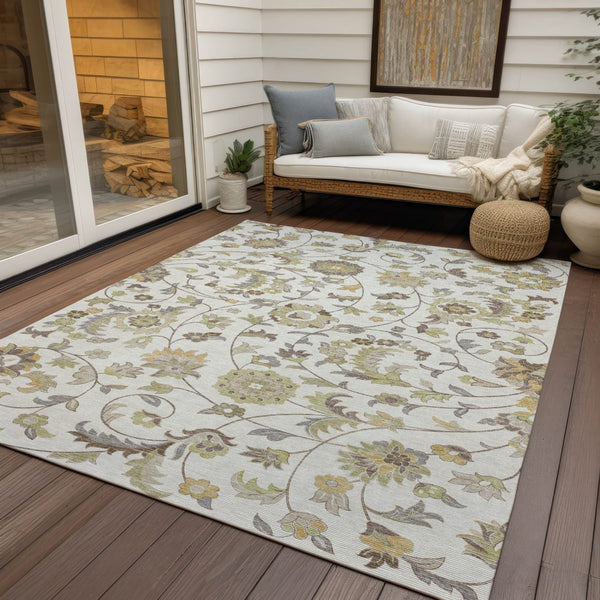 Homeroots 3' Floral Artichoke Green And Gray Area Rug For Indoor Outdoor Spaces - Washable & Stain Resistant 10' X 14' Polyester 597823