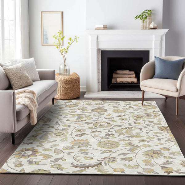 Homeroots 3' Floral Artichoke Green And Gray Area Rug For Indoor Outdoor Spaces - Washable & Stain Resistant 10' X 14' Polyester 597823
