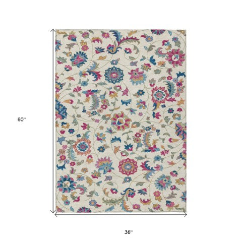 Homeroots 3' Floral Artichoke Green And Gray Area Rug For Indoor Outdoor Spaces - Washable & Stain Resistant 3' X 5' Polyester 597824