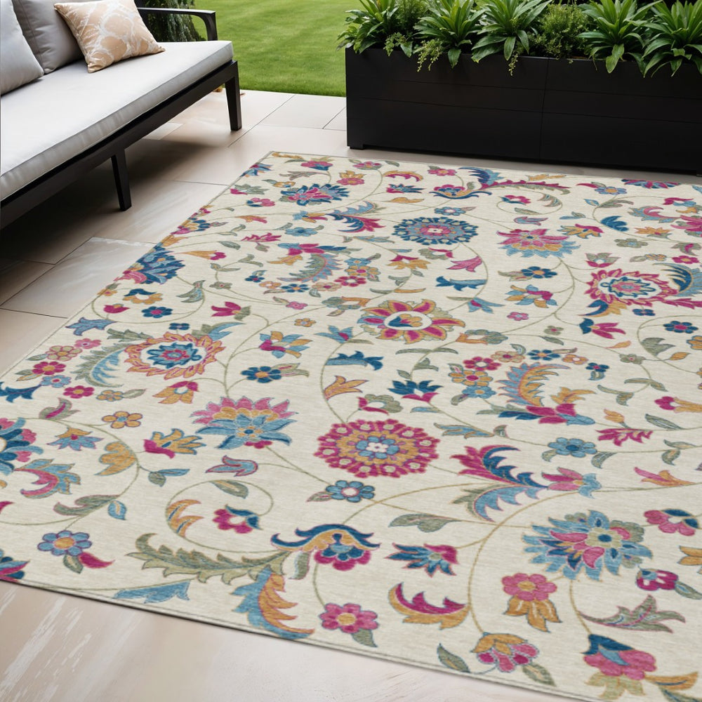 HomeRoots 5' Floral Washable Area Rug in Soft Linen Pink & Denim Blue - Perfect for Indoor & Outdoor Spaces 5' X 8' 597825