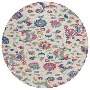 HomeRoots 5' Floral Washable Area Rug in Soft Linen Pink & Denim Blue - Perfect for Indoor & Outdoor Spaces 8' Round 597826