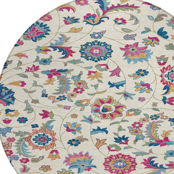 Homeroots 3' Floral Artichoke Green And Gray Area Rug For Indoor Outdoor Spaces - Washable & Stain Resistant 8' Round Polyester 597826