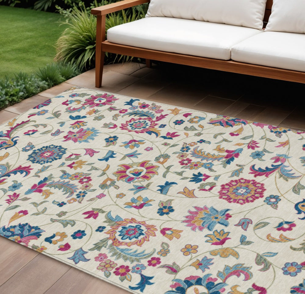 HomeRoots 9' Stylish Floral Pink & Denim Blue Area Rug - Durable, Washable for Indoor/Outdoor Use, Perfect for High-Traffic Spaces 597828