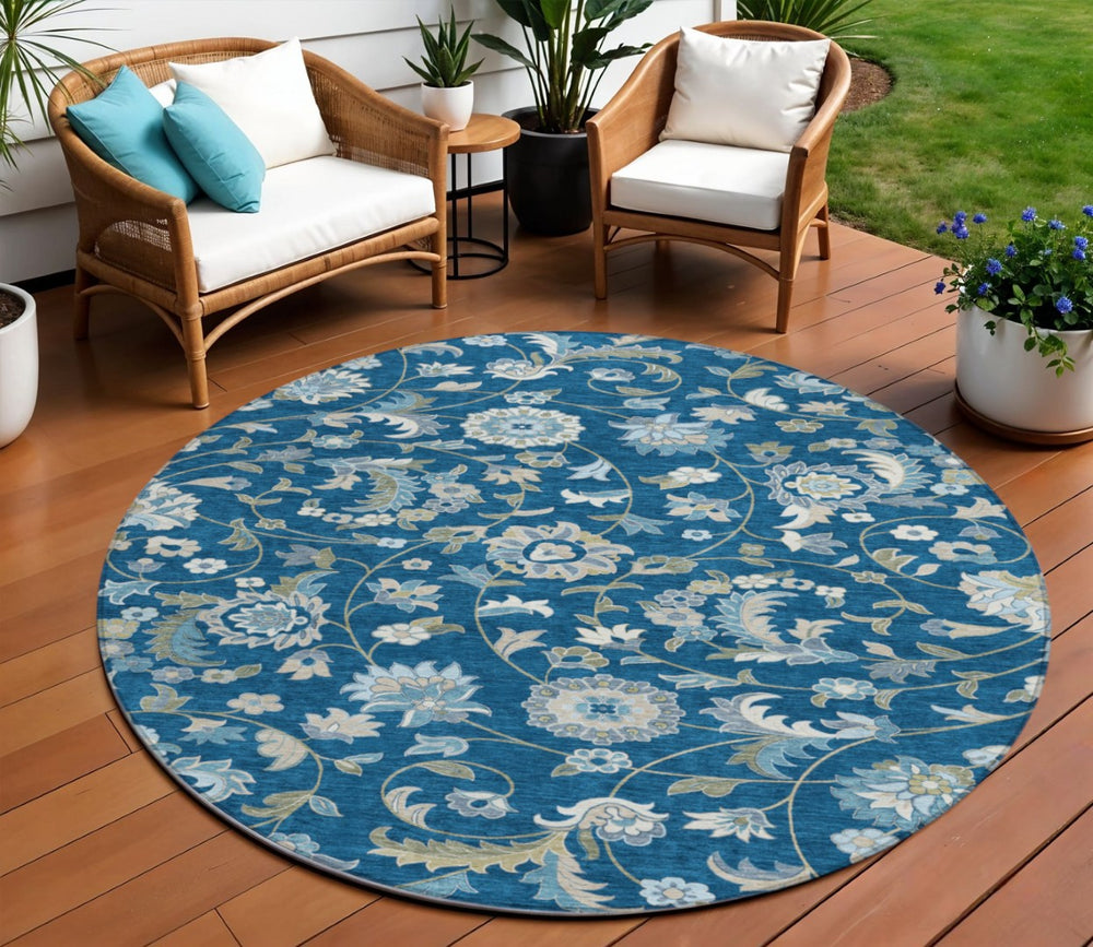 HomeRoots 5' Stylish Floral Area Rug in Navy Blue, Ivory & Gray - Durable & Washable for Indoors & Outdoors 8' Round 597832