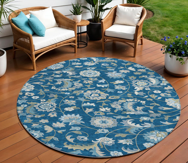 Homeroots 3' Floral Artichoke Green And Gray Area Rug For Indoor Outdoor Spaces - Washable & Stain Resistant 8' Round Polyester 597832