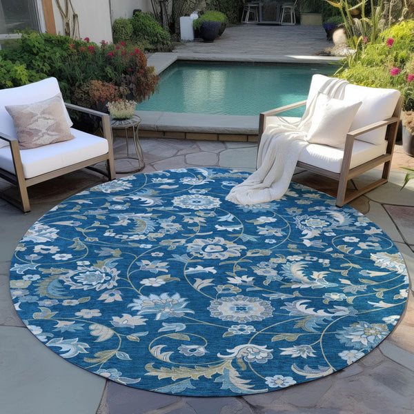 Homeroots 3' Floral Artichoke Green And Gray Area Rug For Indoor Outdoor Spaces - Washable & Stain Resistant 8' Round Polyester 597832