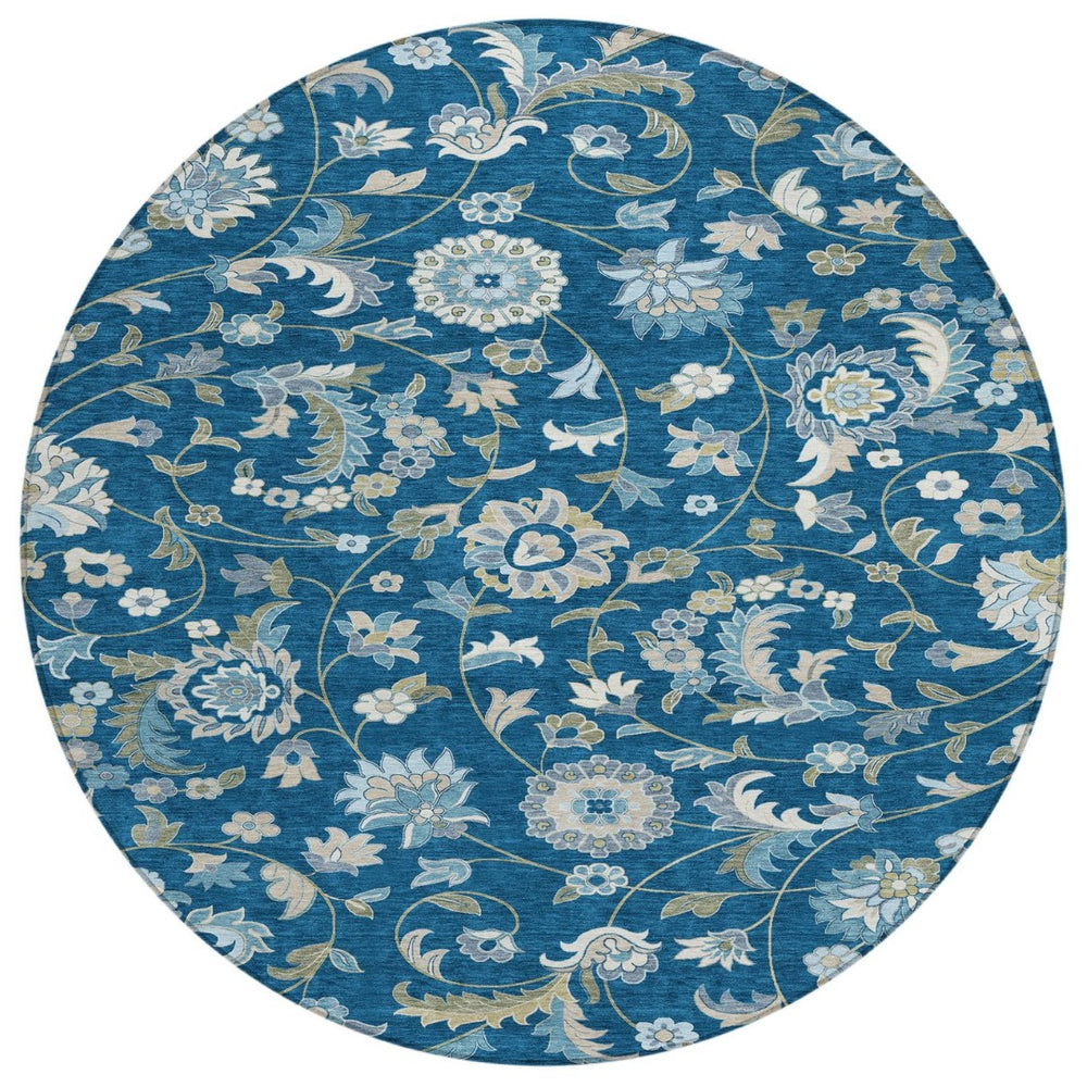 HomeRoots 5' Stylish Floral Area Rug in Navy Blue, Ivory & Gray - Durable & Washable for Indoors & Outdoors 8' Round 597832