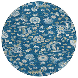 HomeRoots 5' Stylish Floral Area Rug in Navy Blue, Ivory & Gray - Durable & Washable for Indoors & Outdoors 8' Round 597832