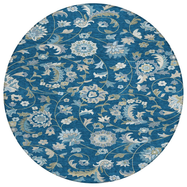 HomeRoots 5' Stylish Floral Area Rug in Navy Blue, Ivory & Gray - Durable & Washable for Indoors & Outdoors 8' Round 597832