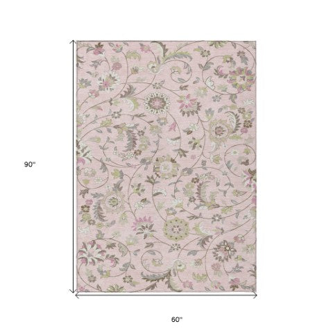 Homeroots 3' Floral Artichoke Green And Gray Area Rug For Indoor Outdoor Spaces - Washable & Stain Resistant 5' X 8' Polyester 597837