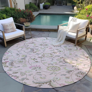 Homeroots 3' Floral Artichoke Green And Gray Area Rug For Indoor Outdoor Spaces - Washable & Stain Resistant 8' Round Polyester 597838