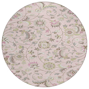 HomeRoots 5' Floral Area Rug - Durable Pink, Green & Gray Washable Design for Indoor & Outdoor Use, Easy Care 8' Round 597838
