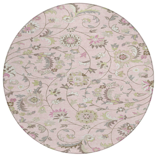 HomeRoots 5' Floral Area Rug - Durable Pink, Green & Gray Washable Design for Indoor & Outdoor Use, Easy Care 8' Round 597838