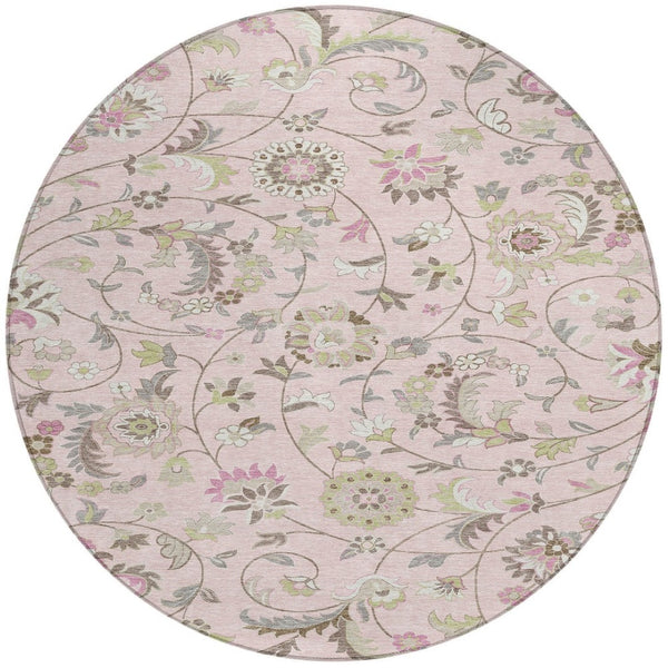 Homeroots 3' Floral Artichoke Green And Gray Area Rug For Indoor Outdoor Spaces - Washable & Stain Resistant 8' Round Polyester 597838